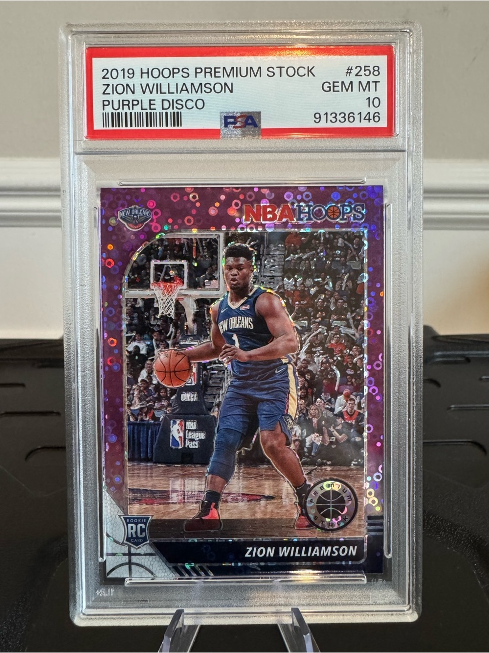 2019 Zion Williamson Panini Hoops Premium Stock Purple Disco Prizm Rookie PSA 10